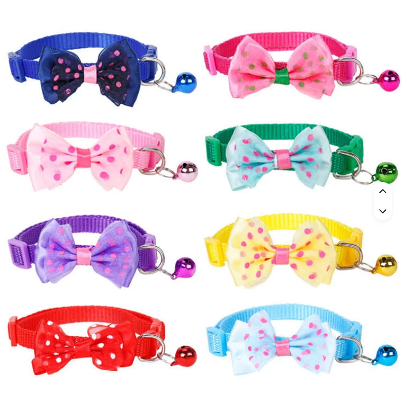 Eight colour examples of cat collars with spotted bow ties and bells on a white background; this option contains 10 collars