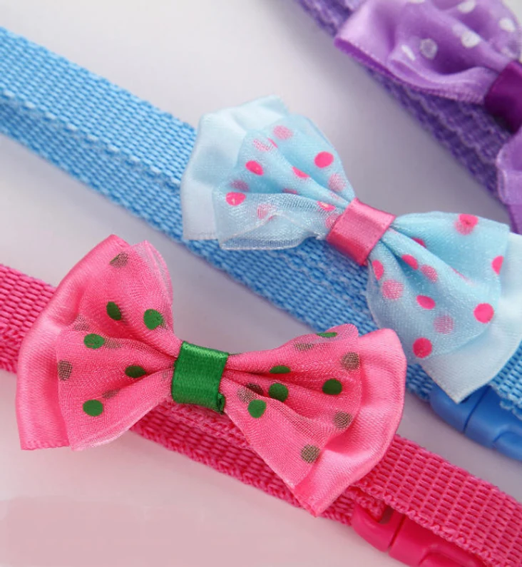 Close-up of a pink bow tie and a pale blue bow tie on cat collars