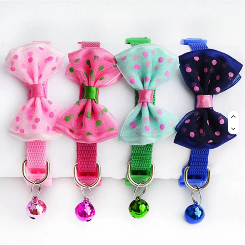Four cat bow tie collar colour examples in pale pink, bright pink, green and blue, with matching bells; this option contains 5 collars